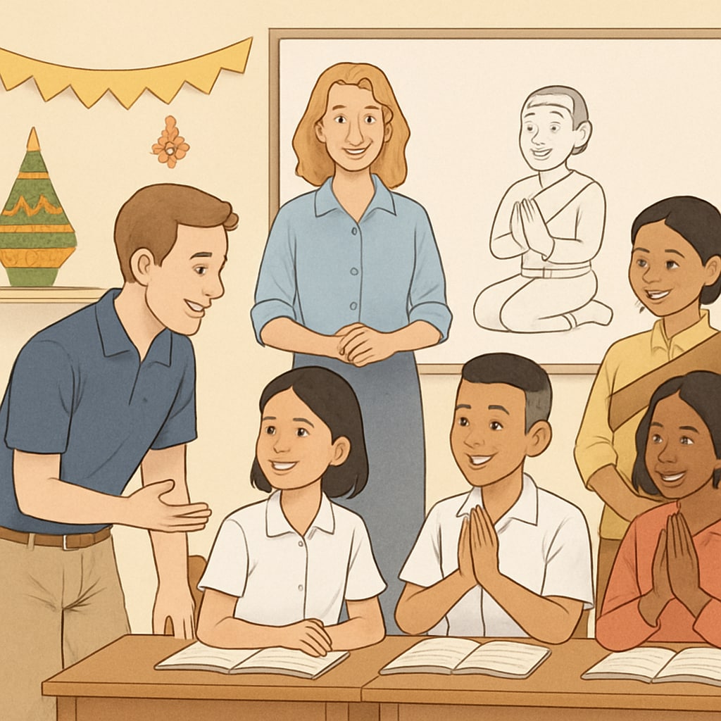 Teachers and Thai students in a classroom during a summer English camp session.