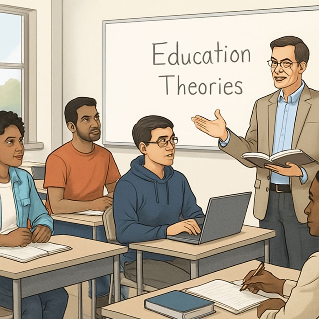 U.S. university classroom with diverse students discussing educational theories.