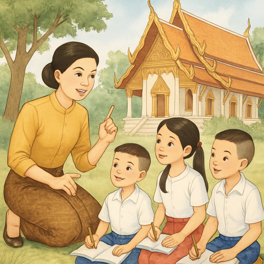 A teacher conducting outdoor educational activities with Thai students in a cultural setting.