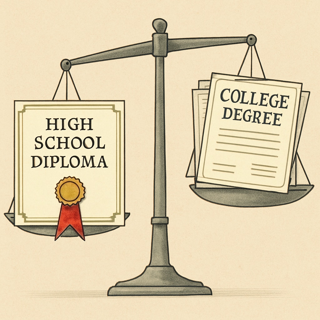 A symbolic image showing education hierarchy, with high school outweighing college degrees.
