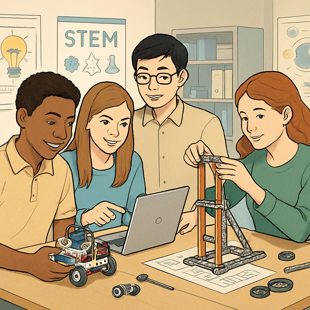 High school students working on a STEM project, symbolizing collaboration and innovation.