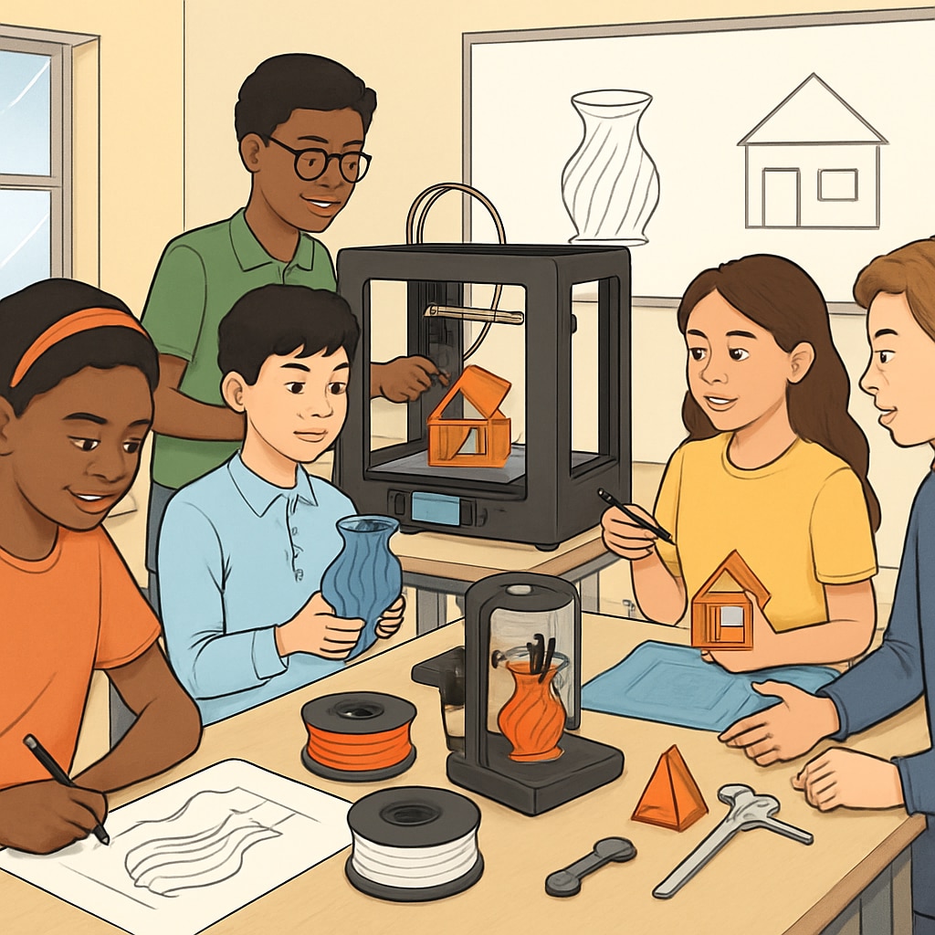 Students using 3D printers in a classroom to bridge art and engineering through CTE.