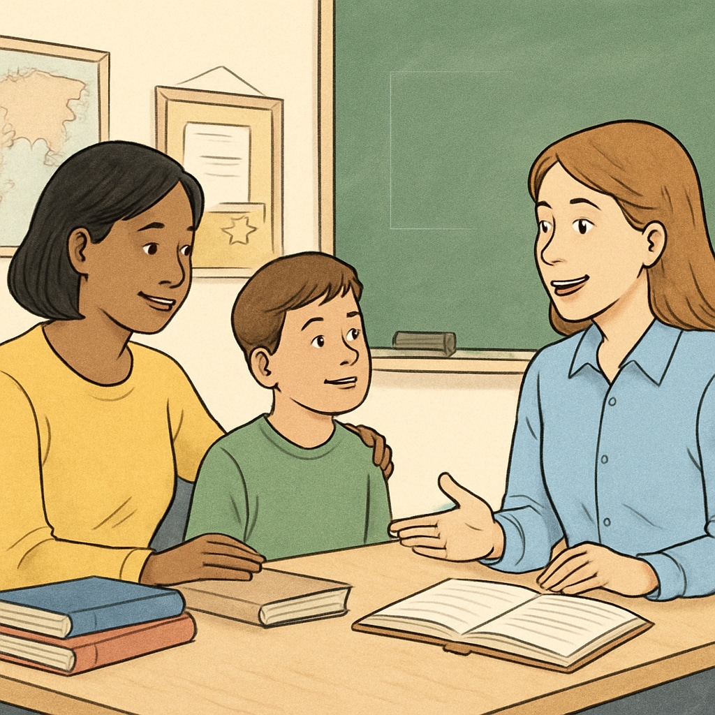 A parent and child visiting a classroom, discussing with a teacher. Parent and child assessing classroom environment in a public elementary school.