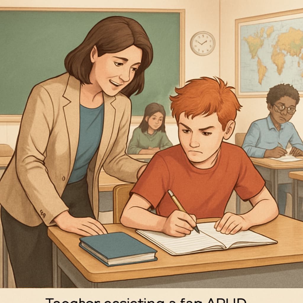 Teacher helping ADHD student regain focus in a high school classroom.