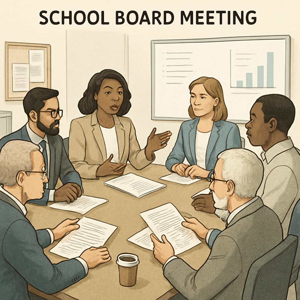 School board members discussing educational policies during a meeting.