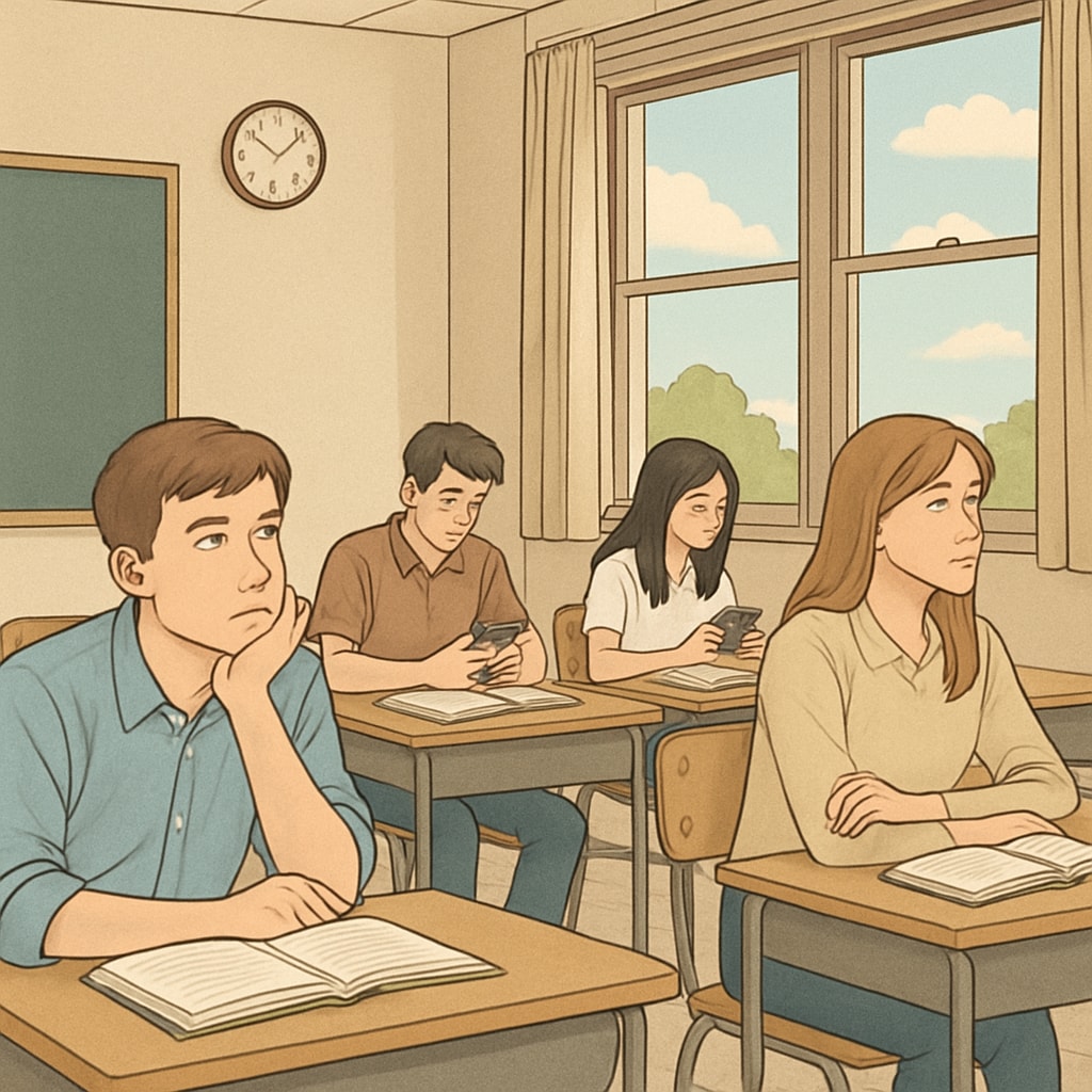 A classroom with disengaged students, some staring out the window while others are on their phones. Disengaged students in a classroom, highlighting the issue of boredom in education.