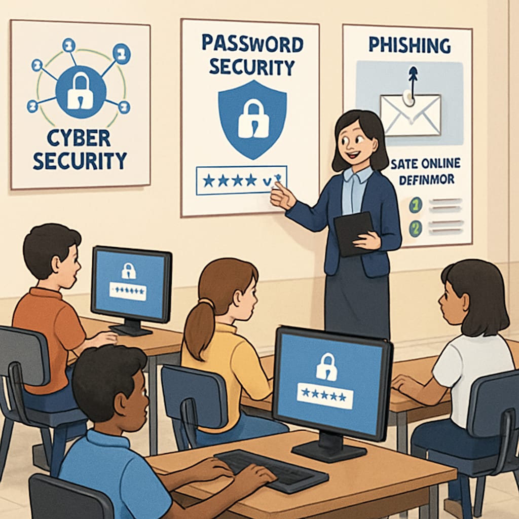 Students learning cybersecurity basics in a classroom setting
