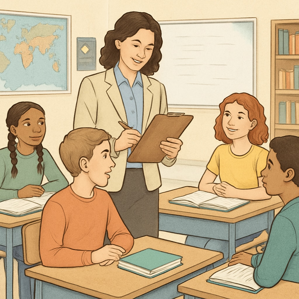 Researcher conducting a survey in a classroom during K12 education study.