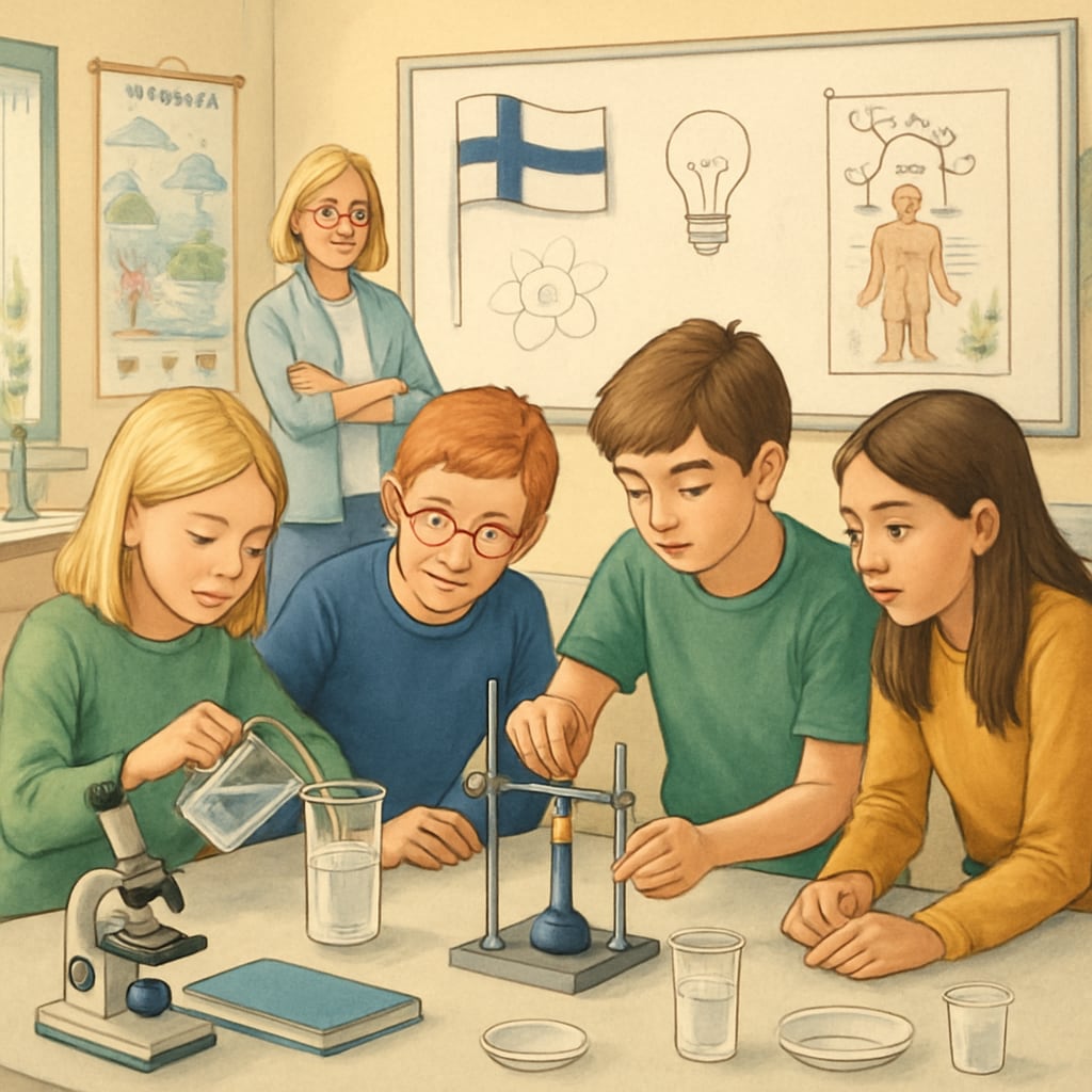 Students in a Finnish classroom engaging in a hands-on science experiment. Finnish classroom with students actively participating in a science experiment.