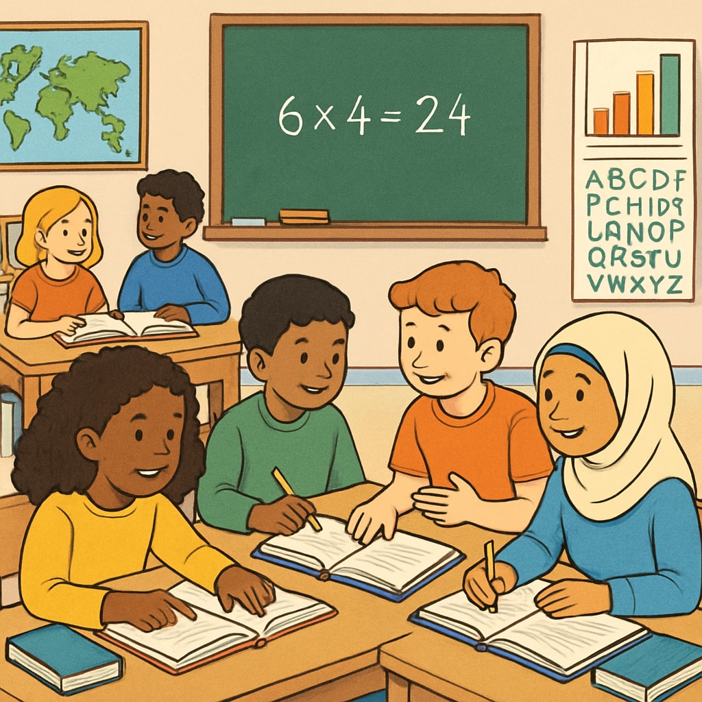 A classroom setting with students working collaboratively, symbolizing inclusivity and growth-focused education. Classroom scene with collaborative students showcasing inclusive and effort-based learning.