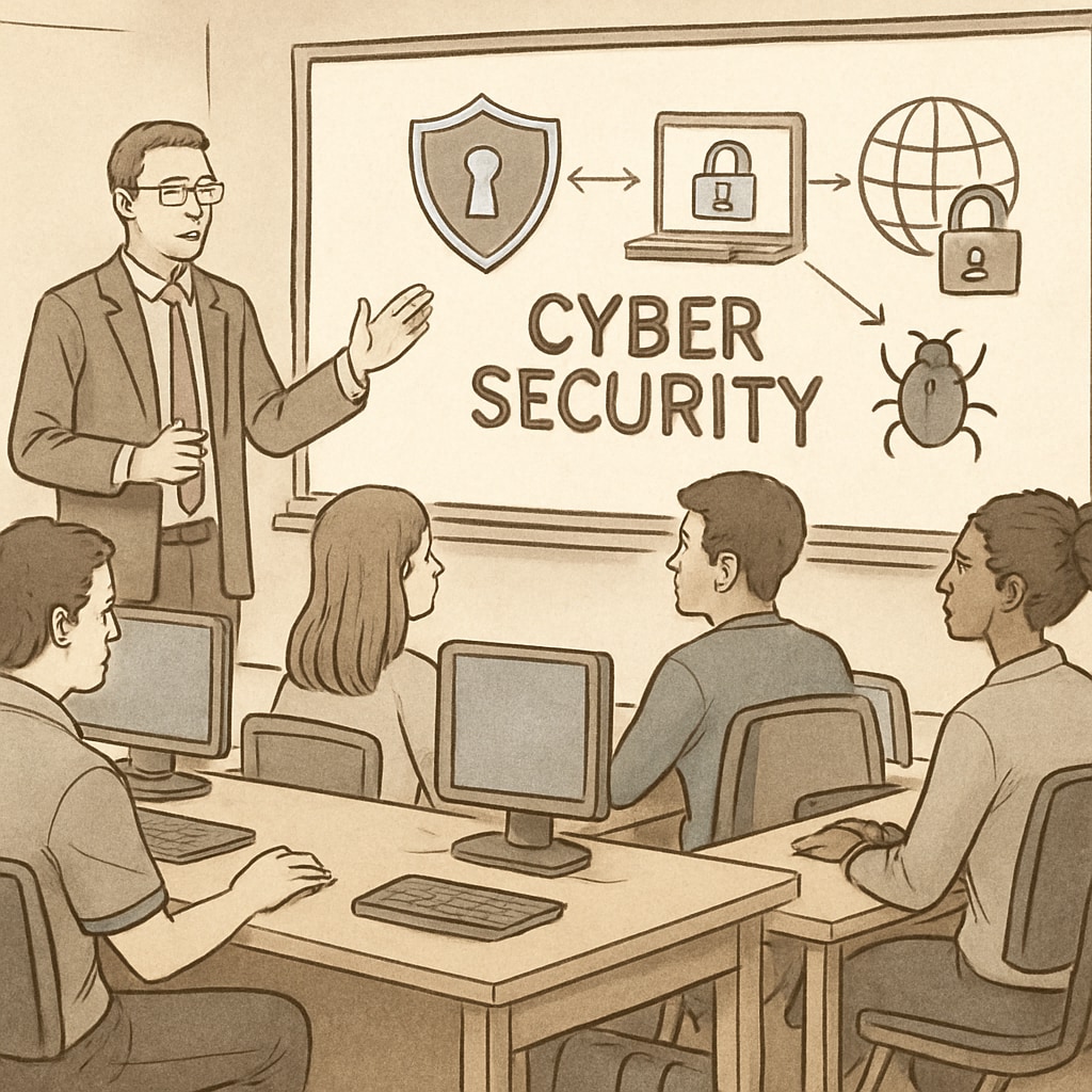A classroom filled with students learning cybersecurity concepts, representing university education and career preparation. Students in a cybersecurity class learning practical skills, highlighting university reputation and career outcomes.