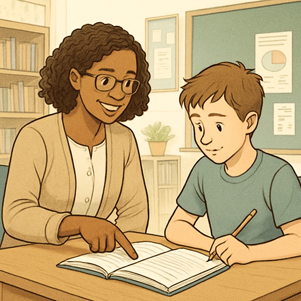 An educator providing individualized feedback to a student, emphasizing growth and effort. Teacher offering growth-oriented feedback to a student, highlighting effort.