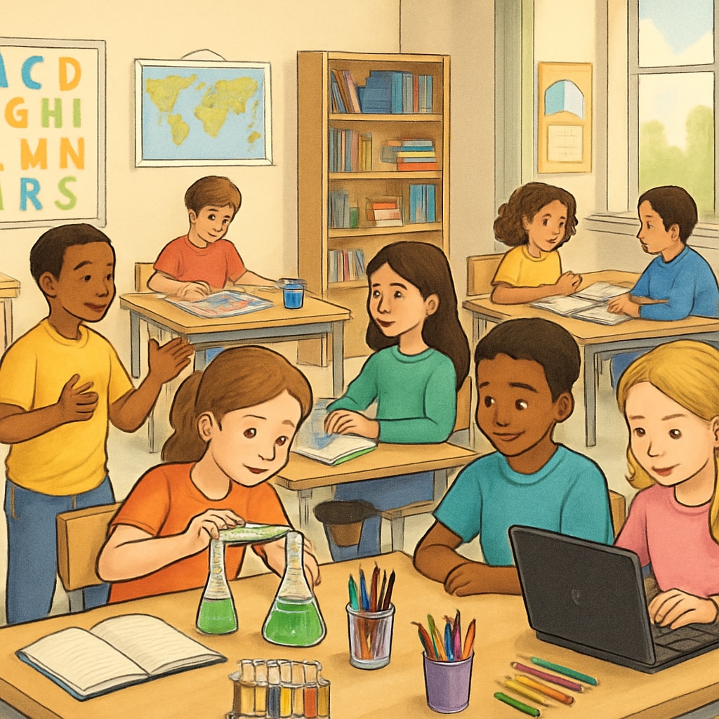 A classroom with students working on interactive and diverse projects to highlight multidimensional learning. Students engaged in diverse projects showcasing multidimensional learning.
