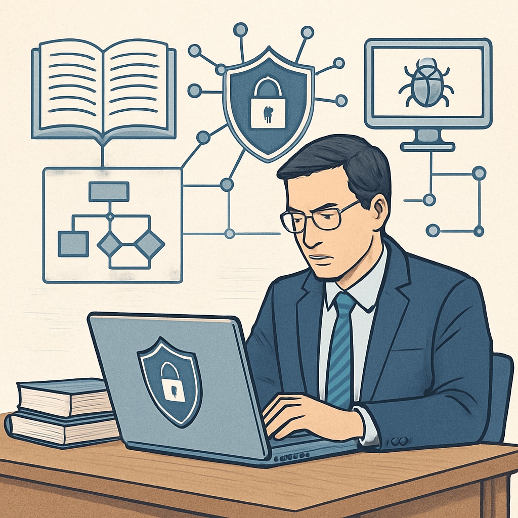A cybersecurity professional working on a laptop, illustrating the connection between education and career application. Cybersecurity expert analyzing data on a laptop, showcasing the importance of practical skills in job preparation.
