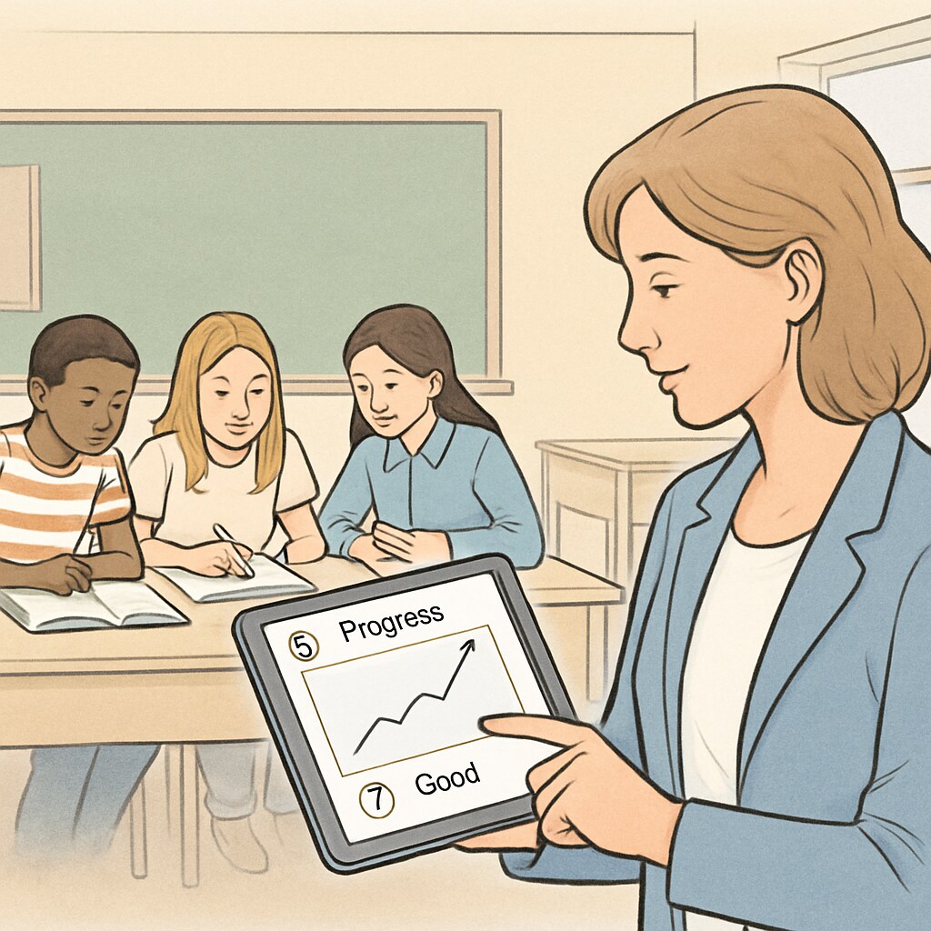 A teacher using a tablet to track a student’s progress in real-time during a collaborative classroom activity. Teacher tracking student progress in real-time during a collaborative activity.