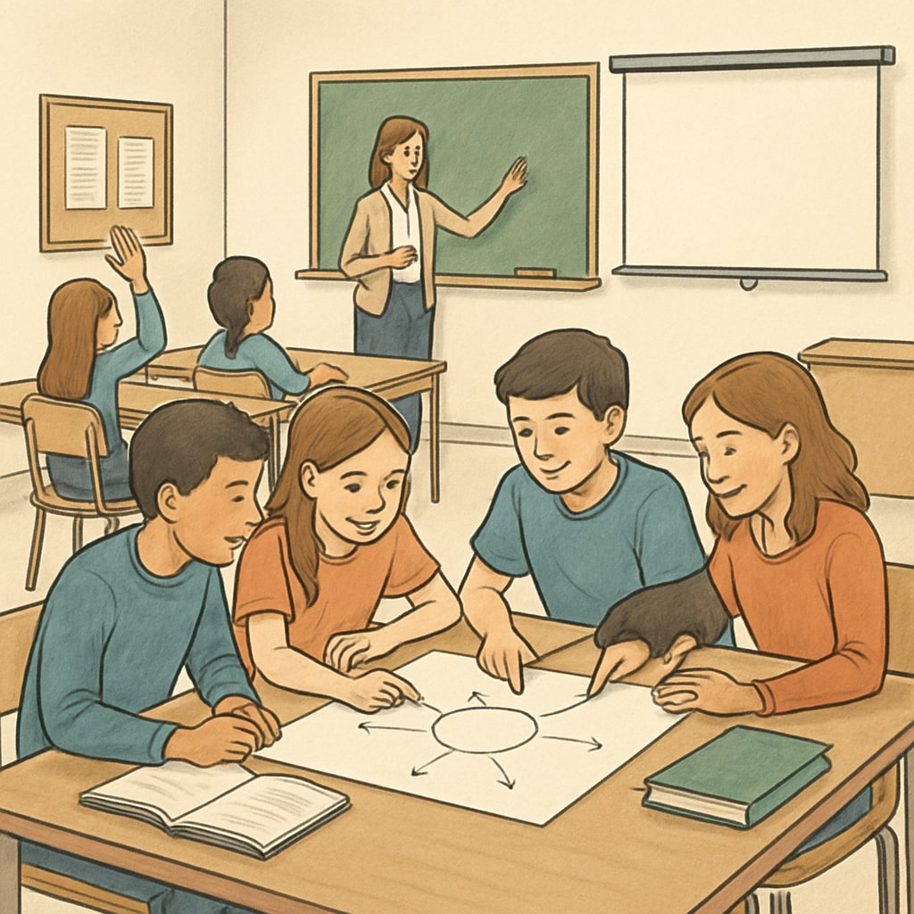 A classroom setting with students engaged in a group activity, symbolizing collaborative learning. Students collaborating in a classroom, representing education and personal growth.