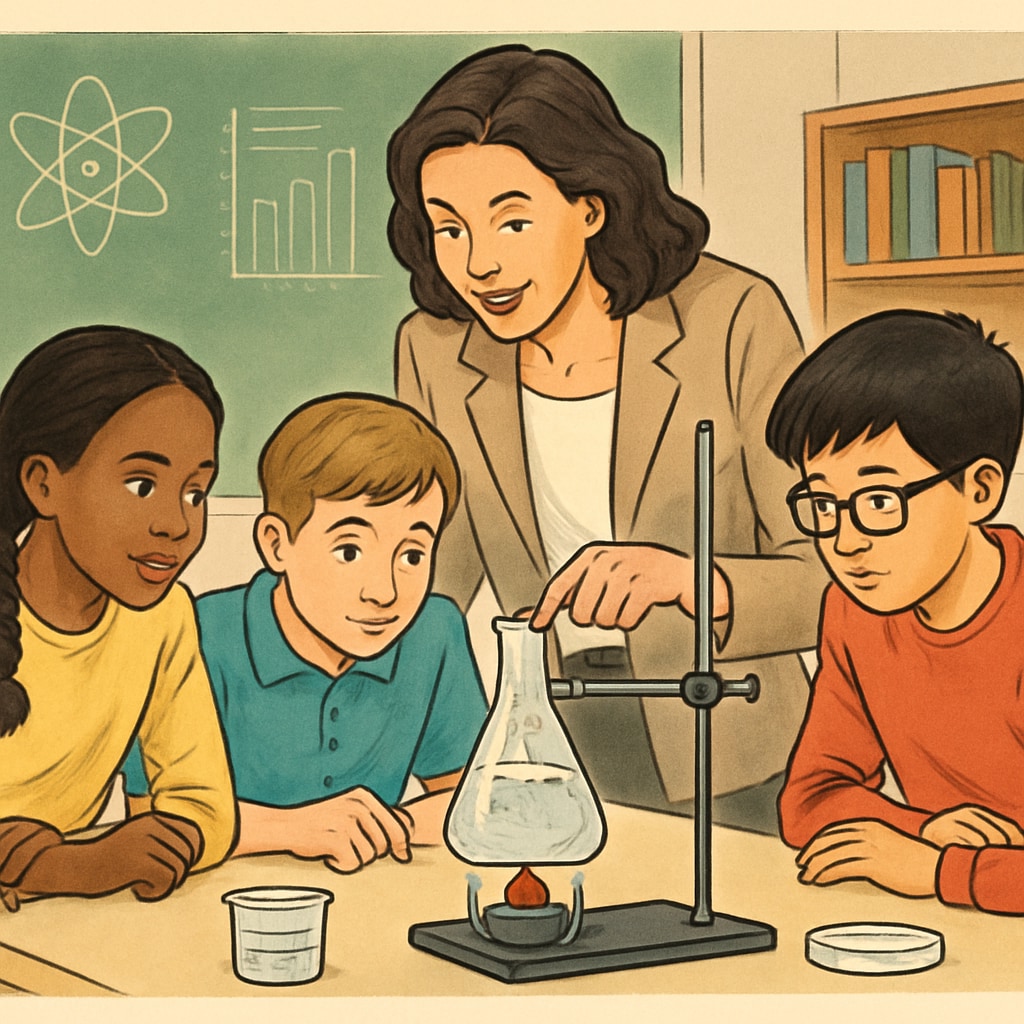 A teacher guiding students in a science experiment, highlighting inquiry-based learning. A teacher and students conducting a science experiment, emphasizing critical thinking.