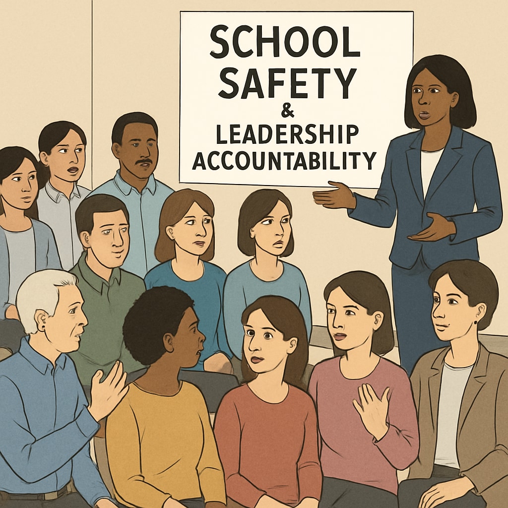 A community gathering discussing school safety and leadership accountability. People are seated in a public forum setting, expressing concerns. Community discussing school safety and leadership concerns.