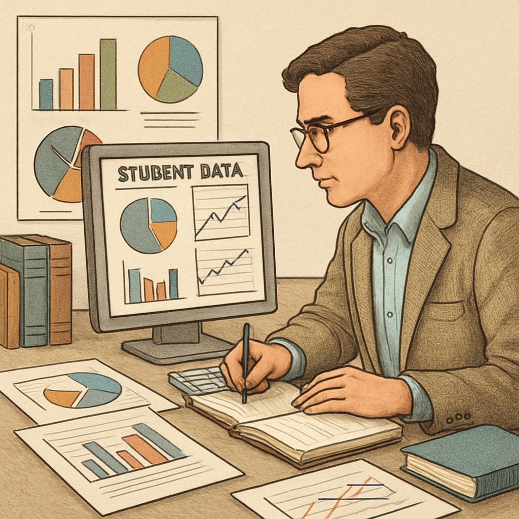 An educational researcher reviewing student data on a computer to refine questions. Researcher analyzing data for K12 education research questions.