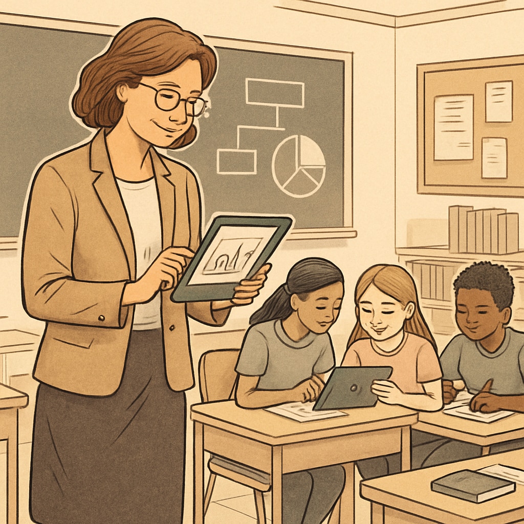 A teacher using a tablet to monitor students’ progress in real-time during a classroom activity. Teacher monitoring students’ real-time progress using technology.