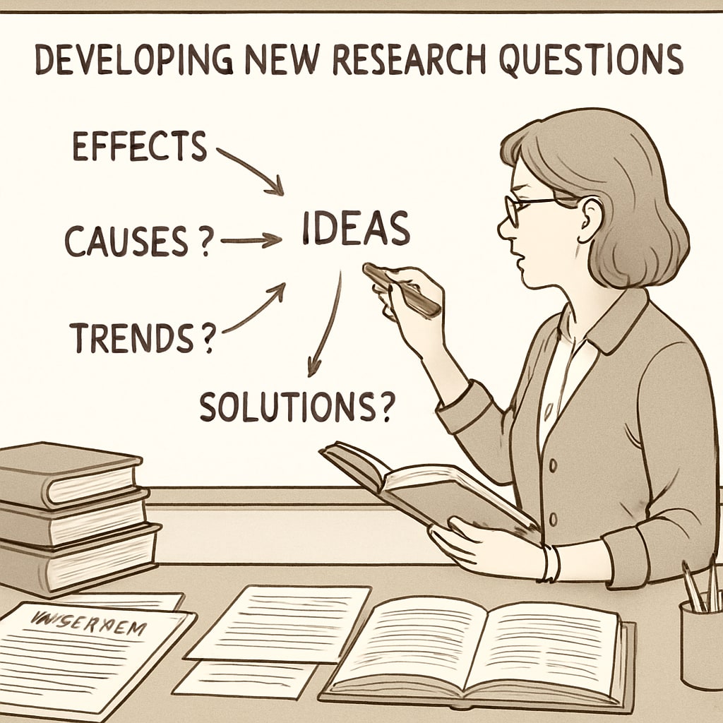 A teacher brainstorming ideas on a whiteboard to develop new research questions. Teacher brainstorming K12 education research questions on a whiteboard.