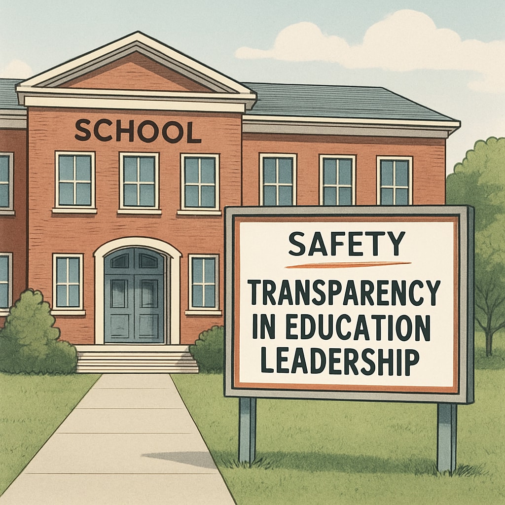 A school building with a safety-focused sign, promoting transparency in education leadership. School building promoting safety and transparency in leadership.