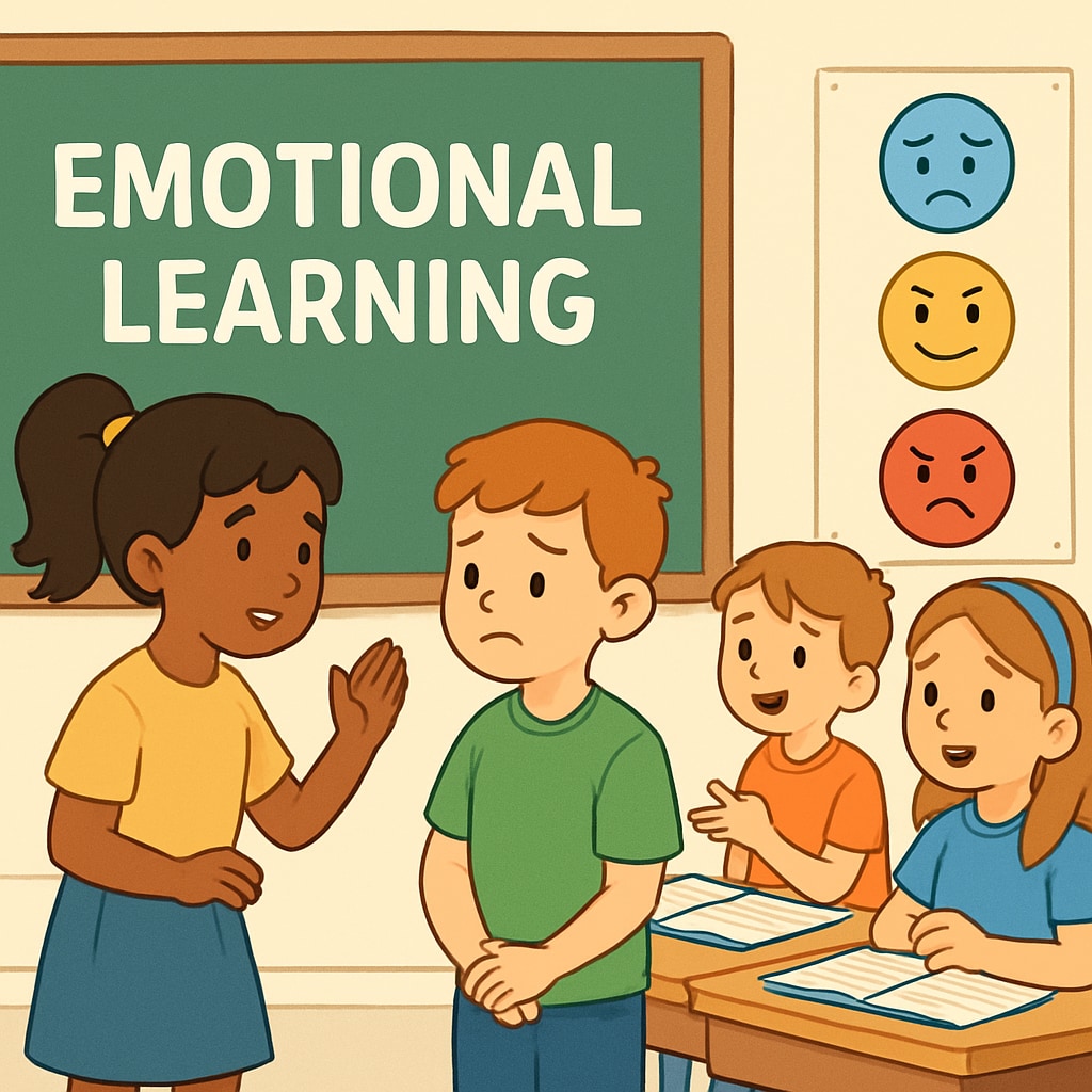Children participating in an emotional learning activity, such as role-playing or group discussions, illustrating the integration of emotional education in schools. Emotional education in schools through group activities and discussions