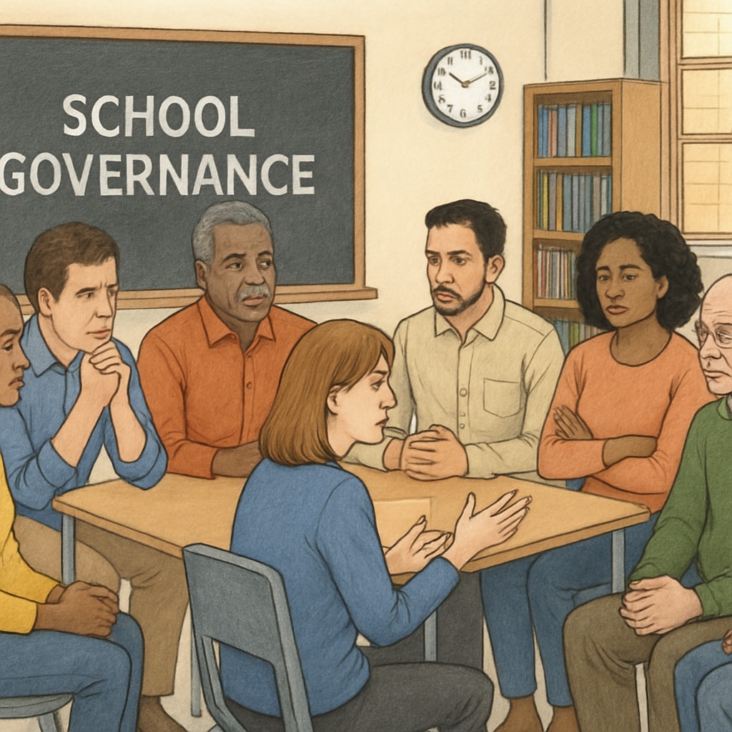 A concerned community gathering to discuss school governance issues. Community discussing school governance and child safety concerns.