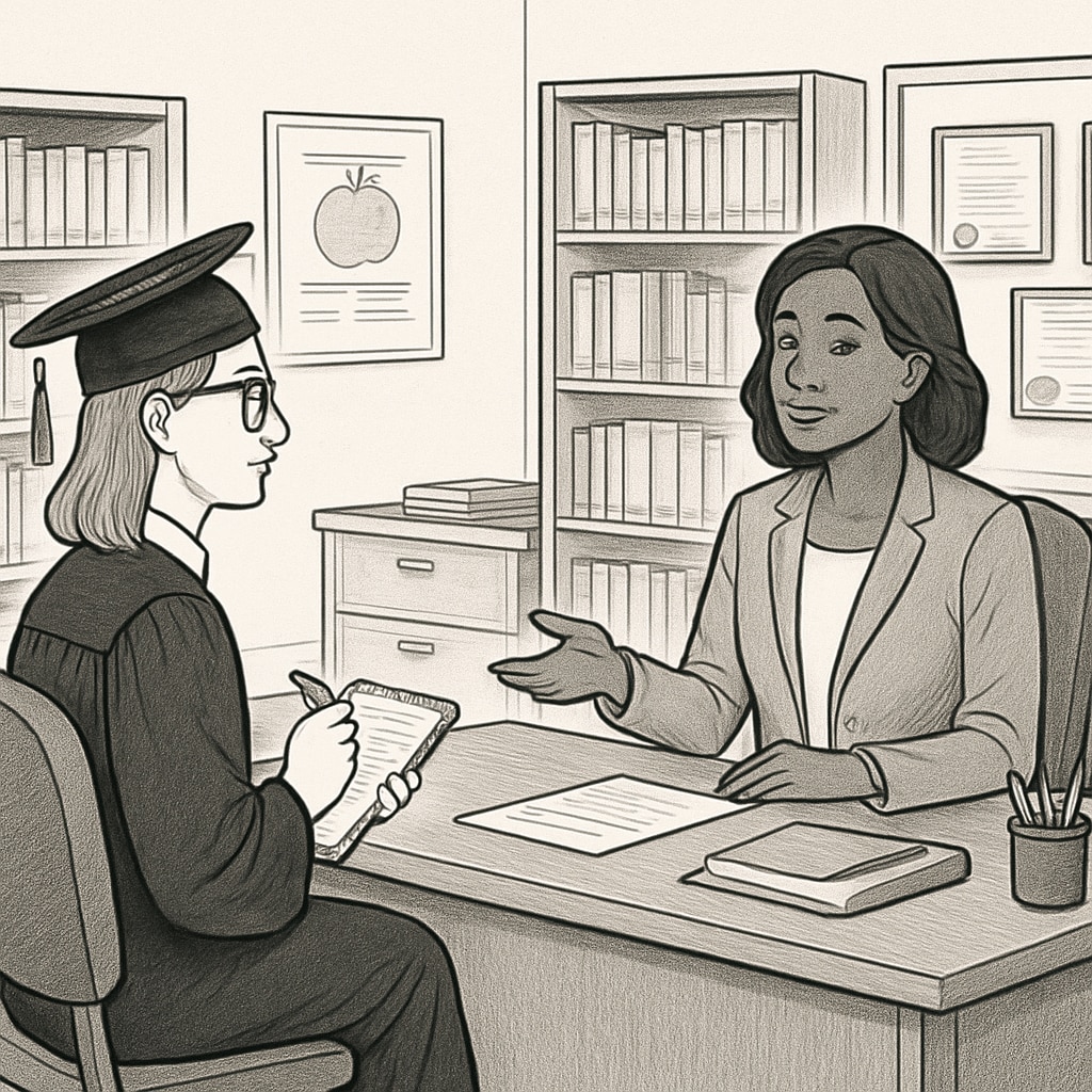 A professional photo of a graduate student conducting an interview with a school counselor in an office setting. The image should reflect an academic and professional atmosphere. Graduate student interviewing a school counselor for academic research.