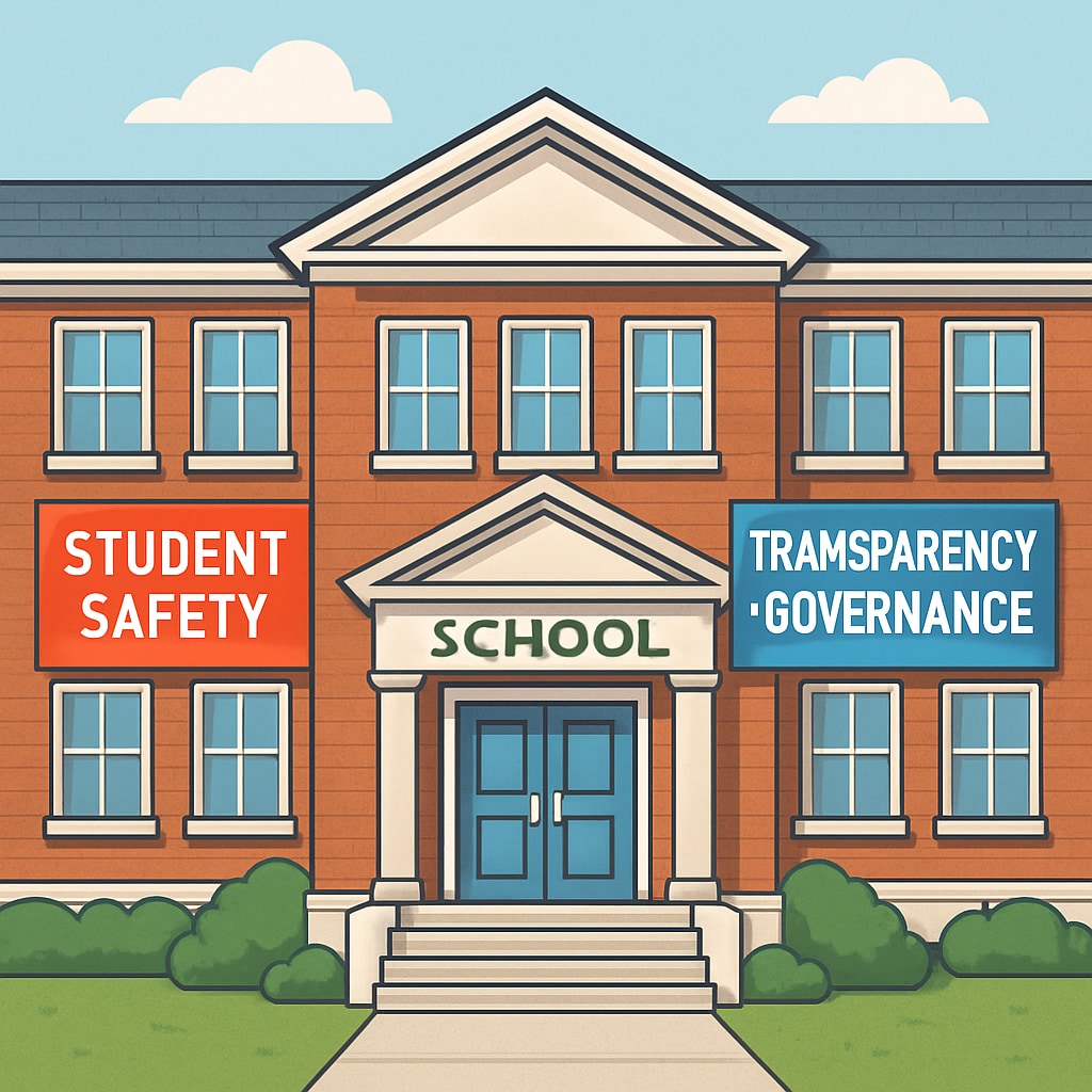 A school building with banners promoting student safety and transparency in governance. School building advocating for student safety and governance transparency.