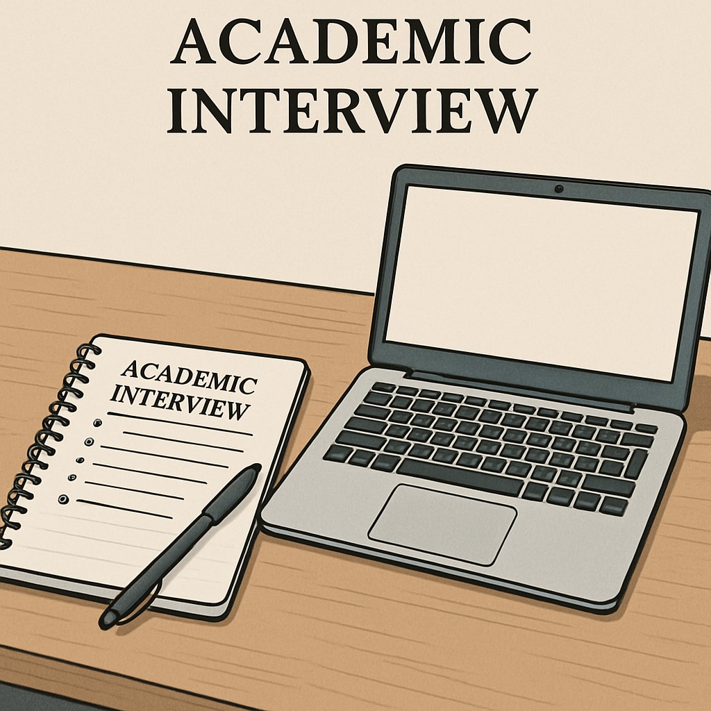 A detailed image of a notebook and laptop on a desk, symbolizing preparation for an academic interview. The items should convey readiness and professionalism. Notebook and laptop on a desk used for preparing school counselor interviews.
