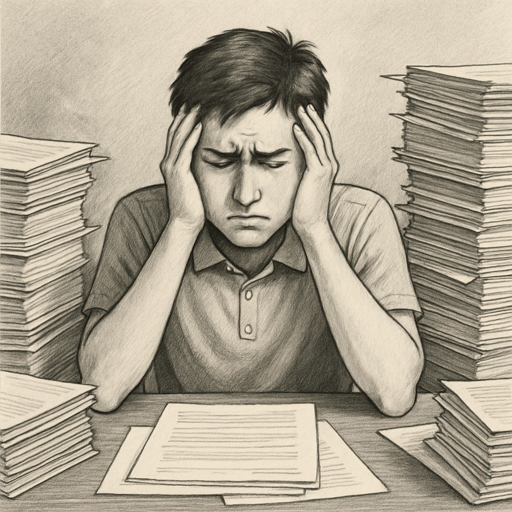A frustrated student sitting at a desk surrounded by paperwork, representing the challenges of the appeals process. A student overwhelmed with documents, symbolizing the difficulties of the academic appeal process in AP Physics C.