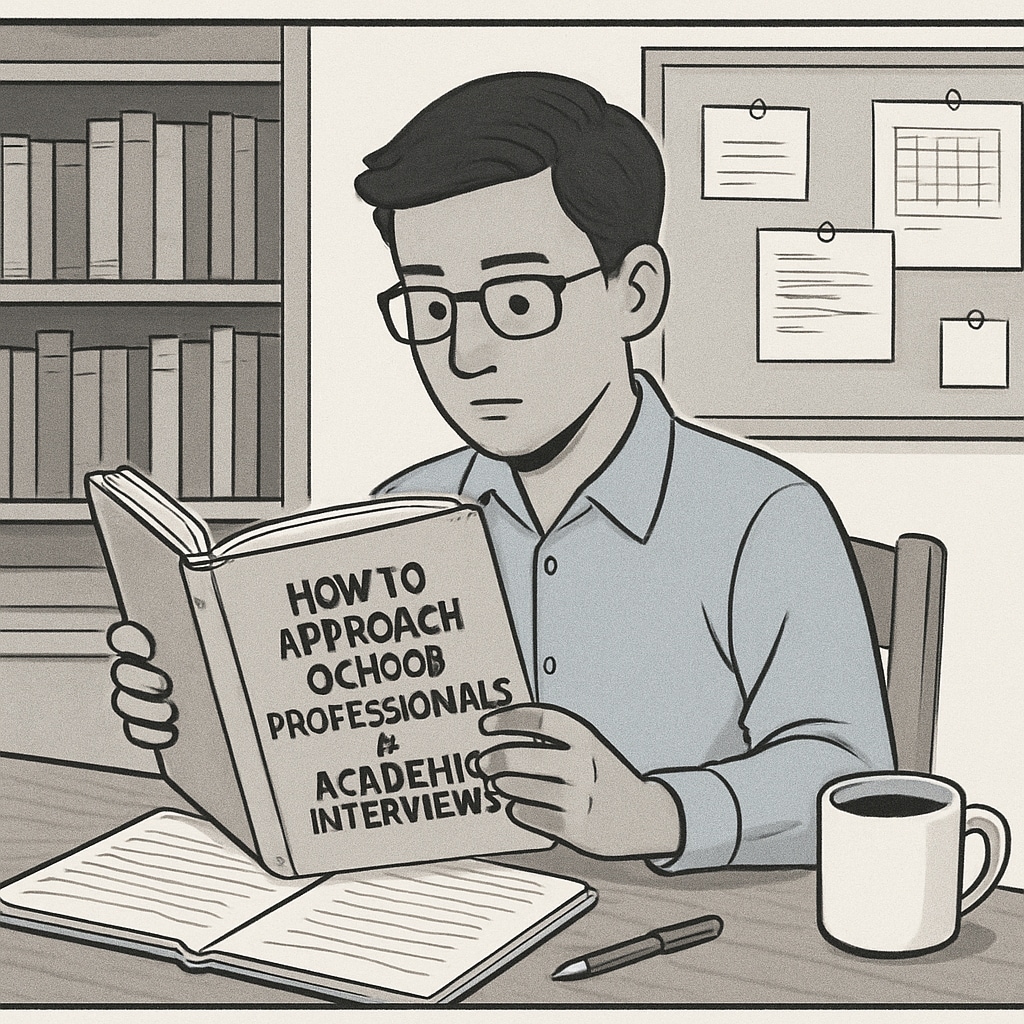 A graduate student reviewing a guide on how to approach school professionals for academic interviews. Graduate student learning how to approach K12 school counselors for academic interviews.