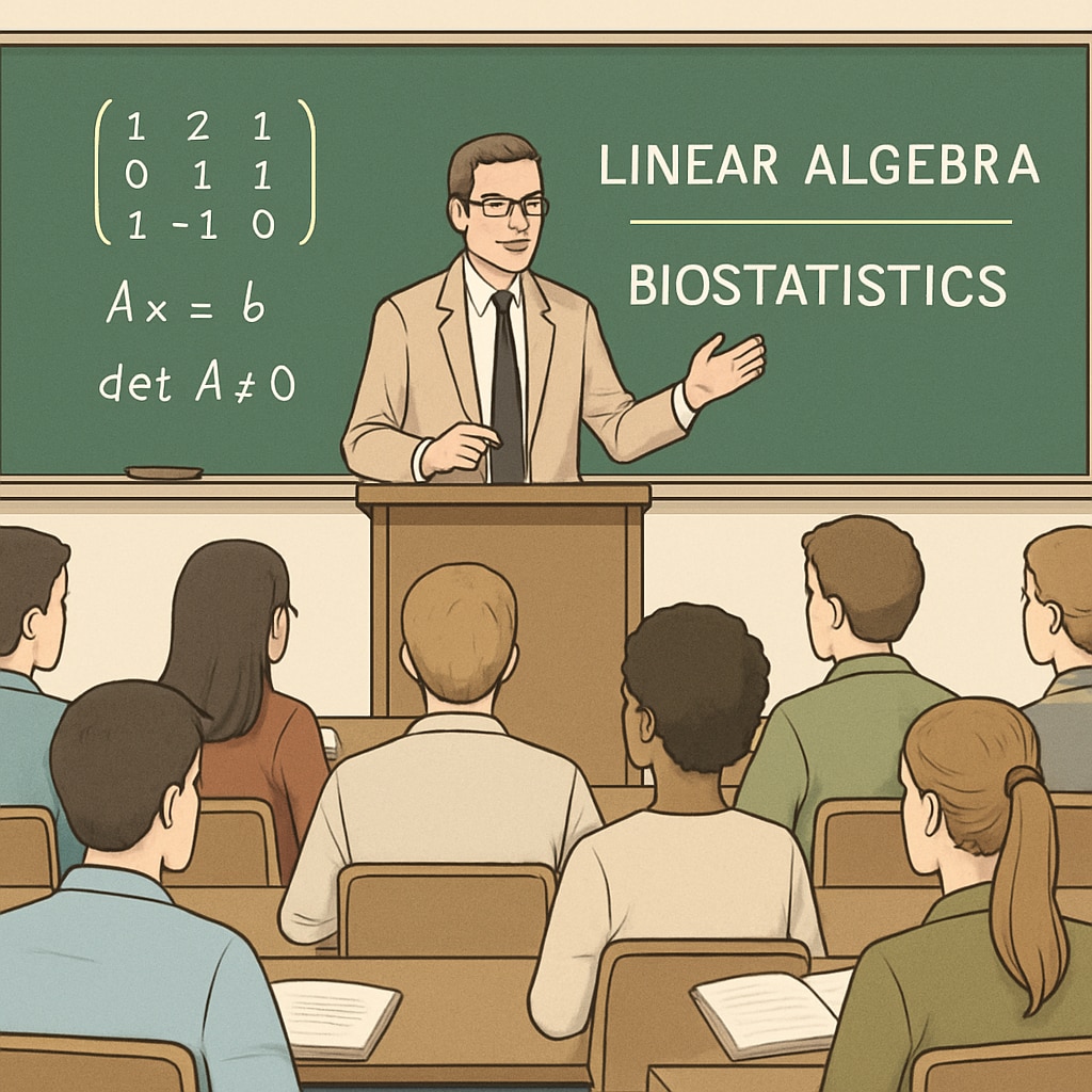 University classroom with a lecture on linear algebra, vital for biostatistics.