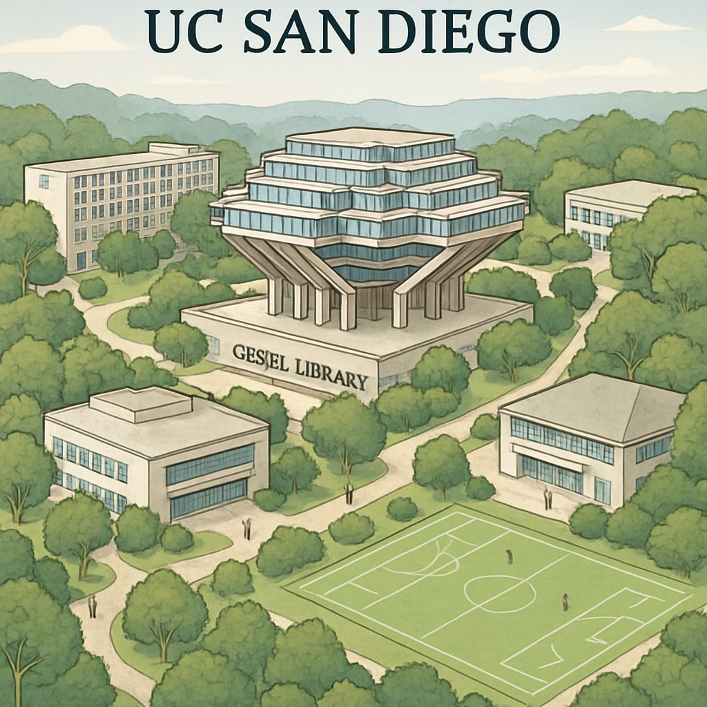 A view of UC San Diego campus, showing the university's iconic Geisel Library and nearby student facilities, symbolizing its expansion efforts. UC San Diego campus with Geisel Library, representing expansion plans.