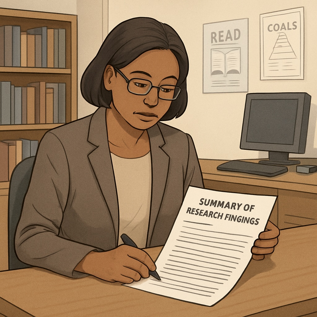 A school counselor reviewing a summary of research findings provided by a graduate student. School counselor reading research findings shared by a graduate student.