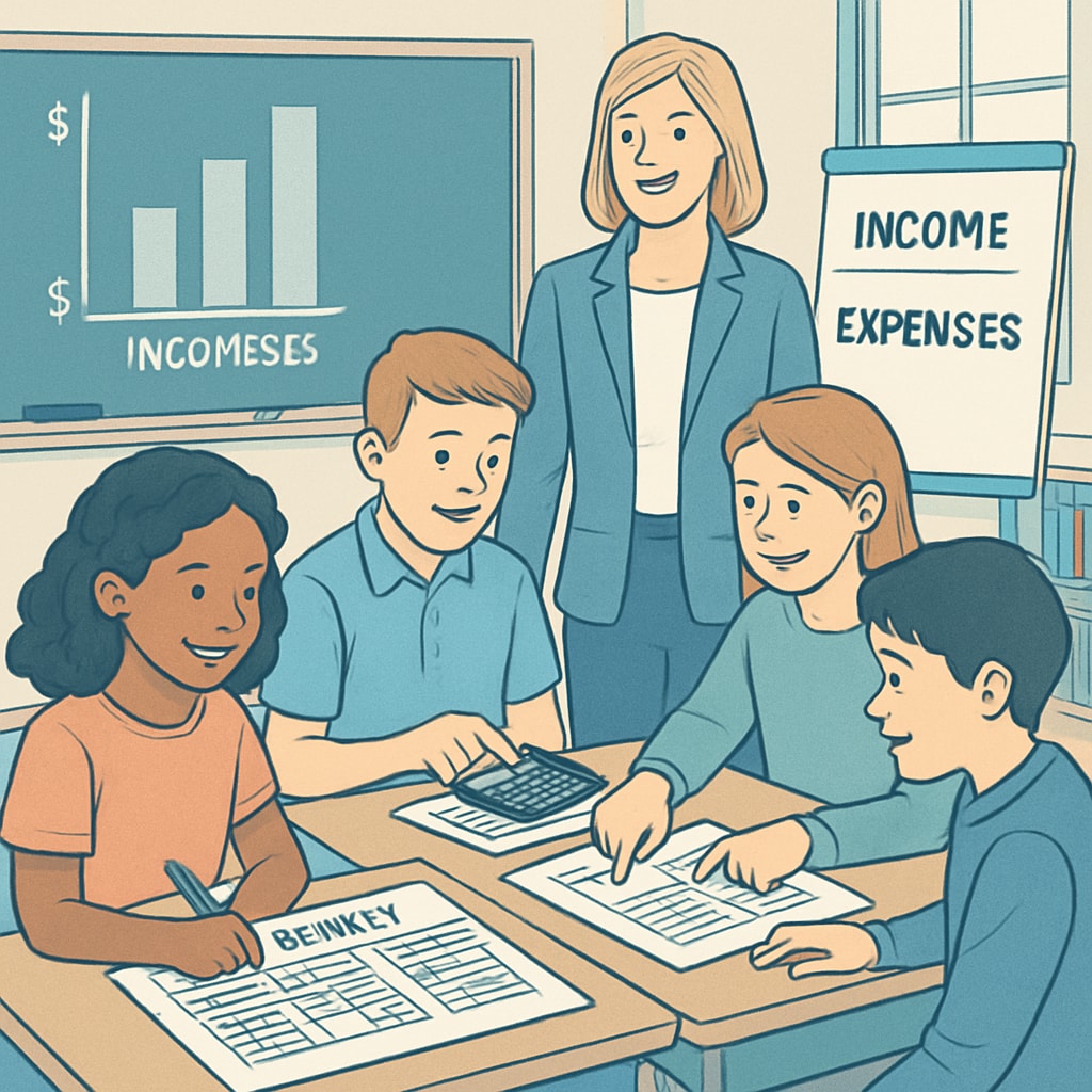 A classroom setting with students learning budgeting and financial planning. The image should depict students engaged in interactive financial literacy activities. Financial education class for students learning budgeting and planning