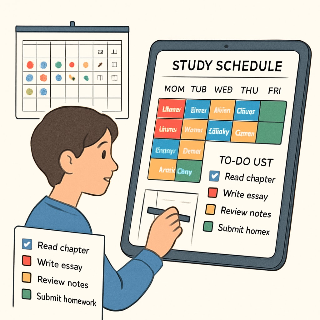 A student using a planner or digital tool to organize study and extracurricular activities. The image should highlight practical time management techniques. Student organizing schedule with planner to improve time management