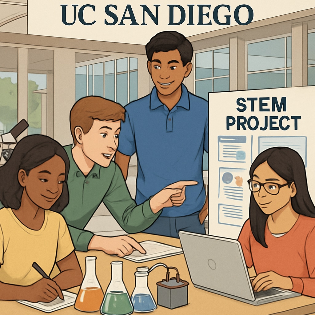 A group of diverse high school students engaged in a STEM outreach program at UC San Diego, symbolizing the university's growing influence on K-12 education. Diverse high school students in a STEM outreach program at UC San Diego.