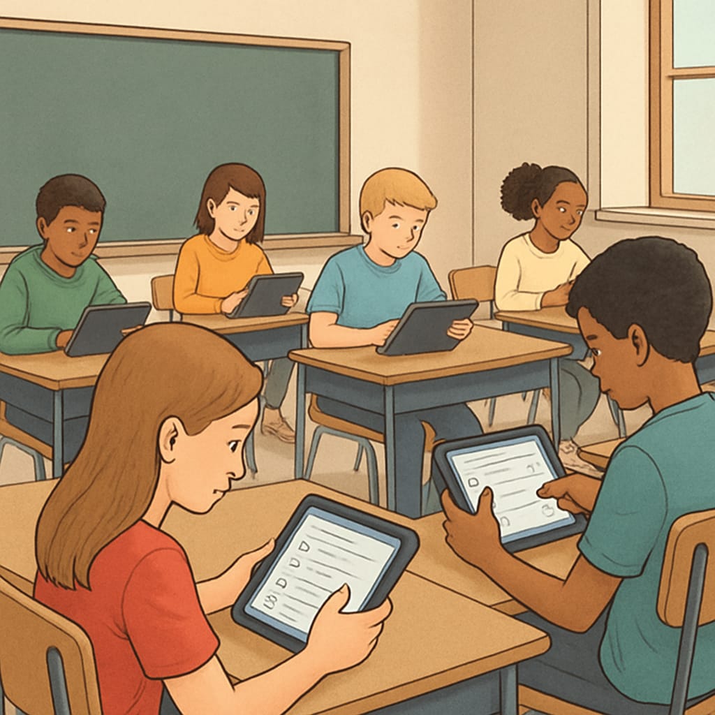 Students taking a test on tablets using digital testing resources.