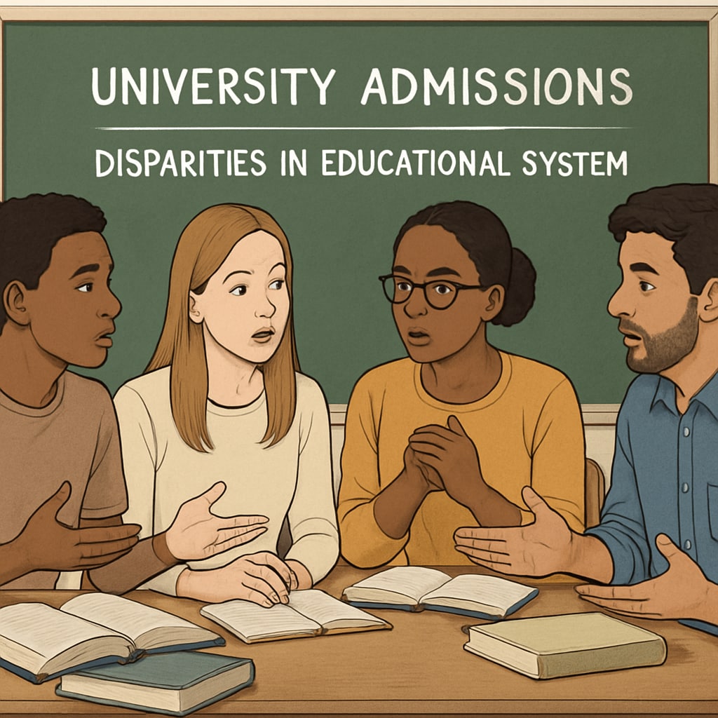 Students discussing educational system disparities and university admissions challenges.