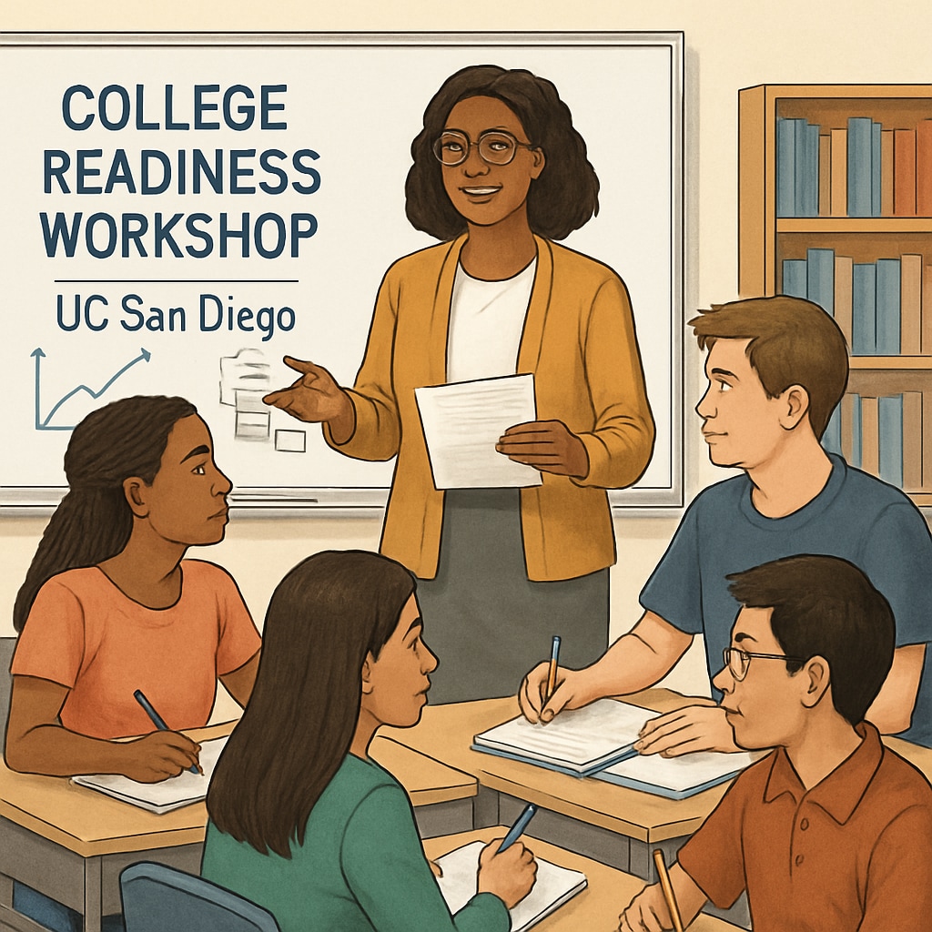 A teacher guiding a diverse group of high school students through a college readiness workshop, highlighting the challenges schools face in preparing students for UC San Diego. High school students and a teacher participating in a college readiness workshop.