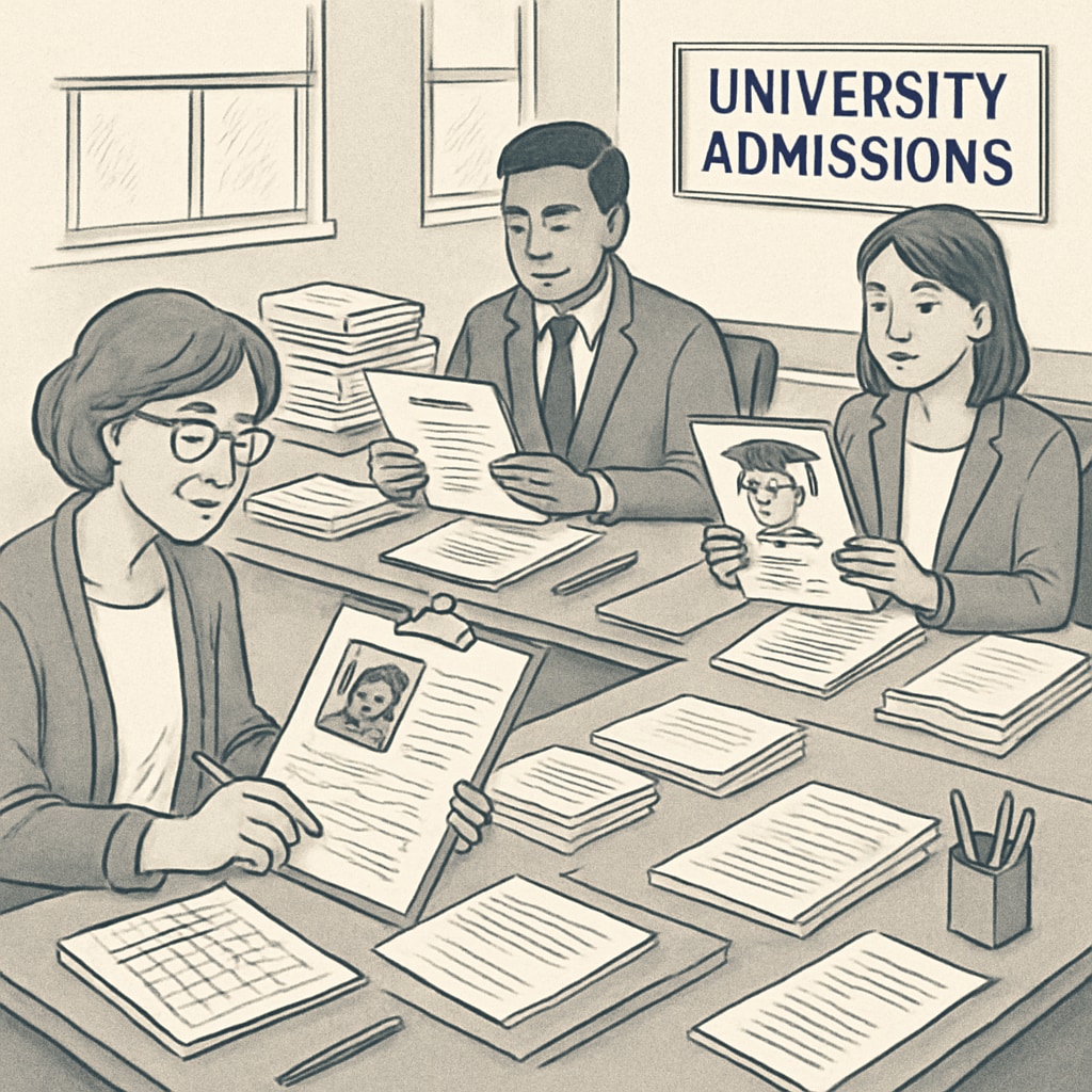 Admissions office reviewing applications affected by educational system disparities.
