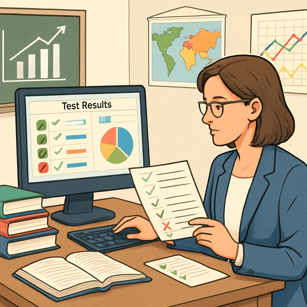 A teacher reviewing student test results with data-driven tools.