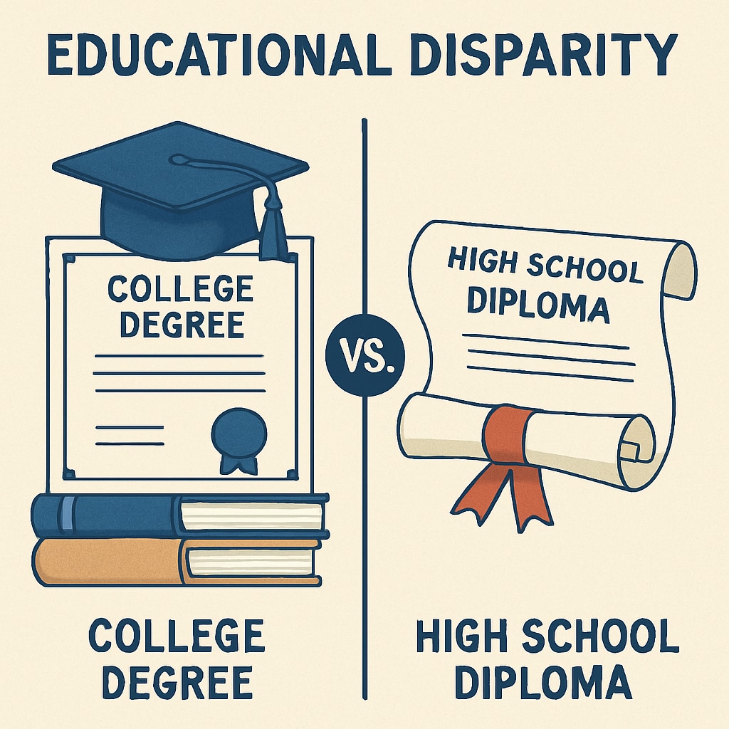 A conceptual illustration showing a college degree and a high school diploma in contrast, symbolizing educational disparity. Comparison of a college degree and high school diploma in Arizona's employment practices.