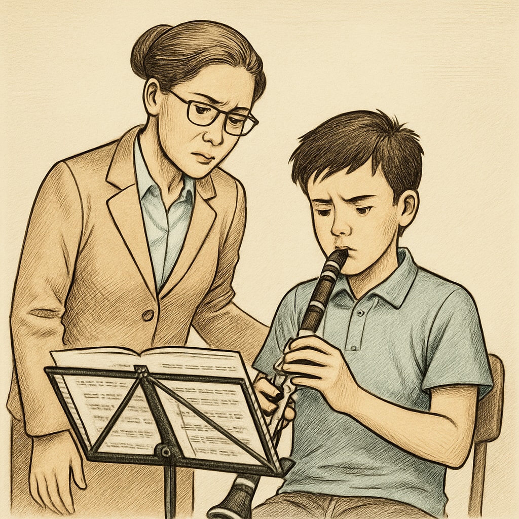 A teacher intensely watching over a student practicing an instrument, symbolizing the tension between mentorship and pressure. Teacher observing student practice with intense focus, representing rigorous education.