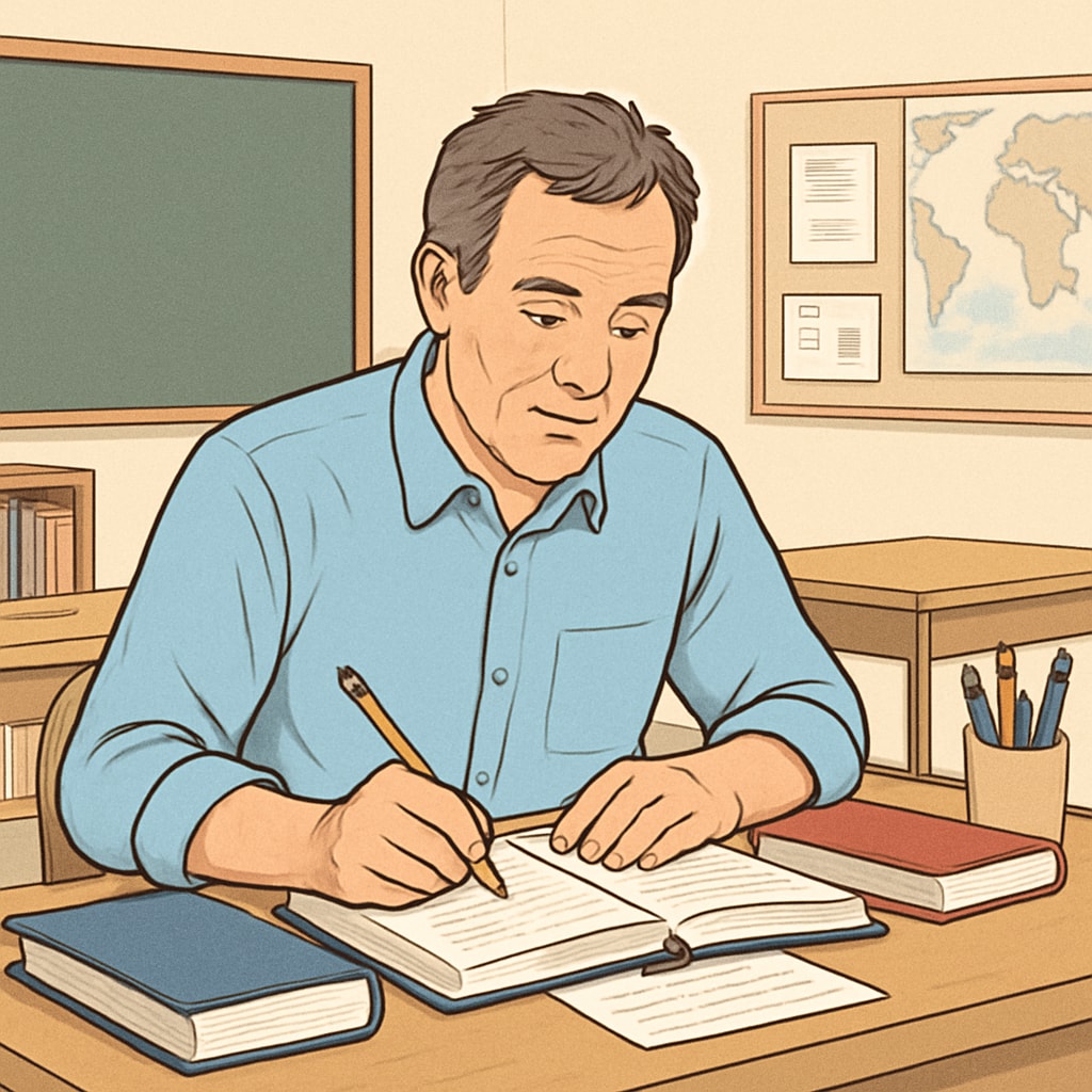 A mature student studying in a classroom environment, representing adult education. Adult student learning in a classroom, related to adult education.