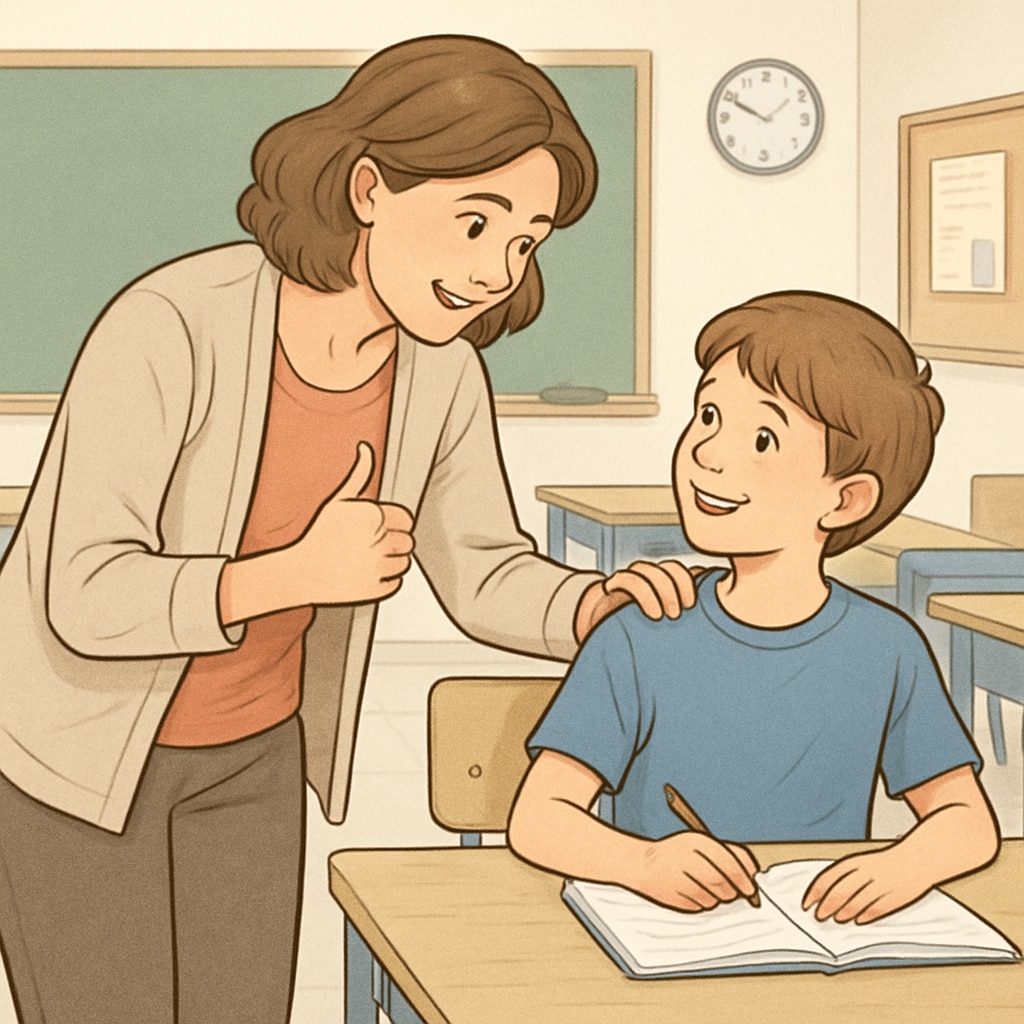 A classroom setting depicting a teacher encouraging a student with positive reinforcement, emphasizing empathy and care. Teacher encouraging a student with positive reinforcement in a classroom.
