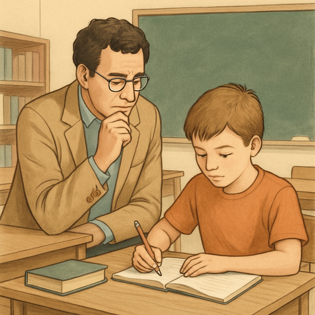 A thoughtful teacher observing a student’s progress with a supportive yet focused demeanor. A teacher balancing high expectations with compassion in an educational setting.