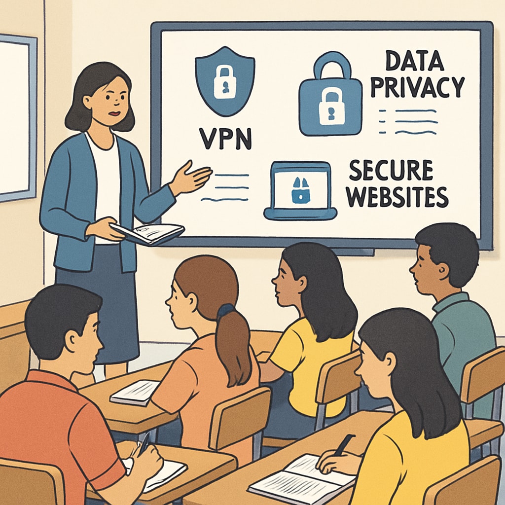 A classroom setting where students are learning about cybersecurity concepts, such as VPNs and data privacy. Students learning about age verification, VPN, UK laws in a classroom.